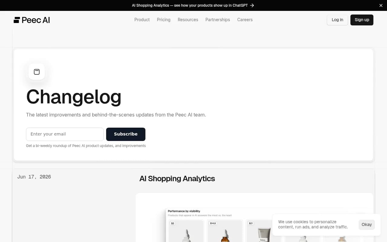 Peec AI changelog showing recent product updates including AI Shopping Analytics