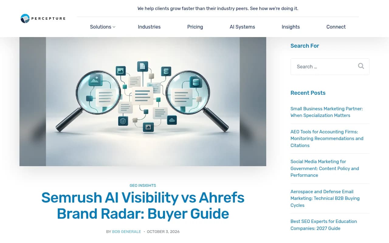Percepture buyer guide comparing Semrush AI Visibility and Ahrefs Brand Radar