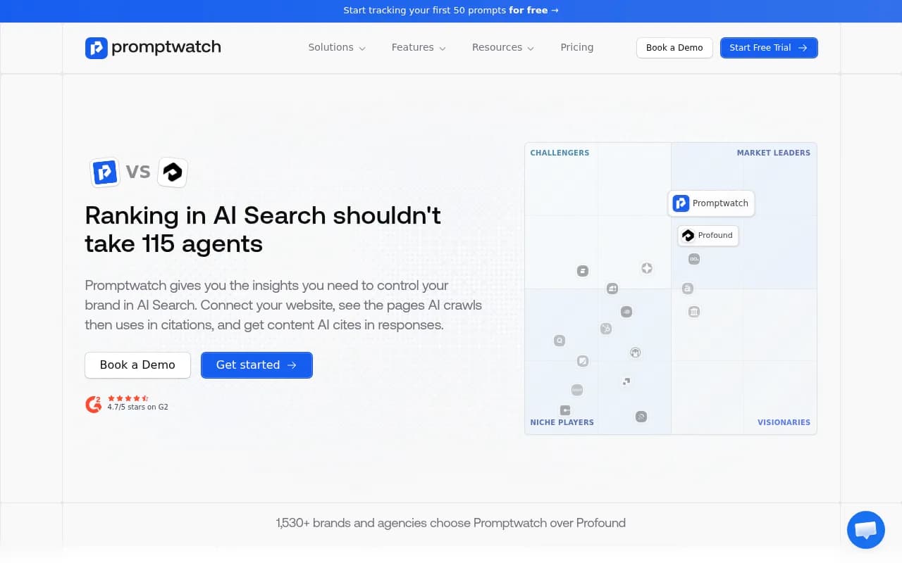 Promptwatch vs Profound comparison page showing platform positioning