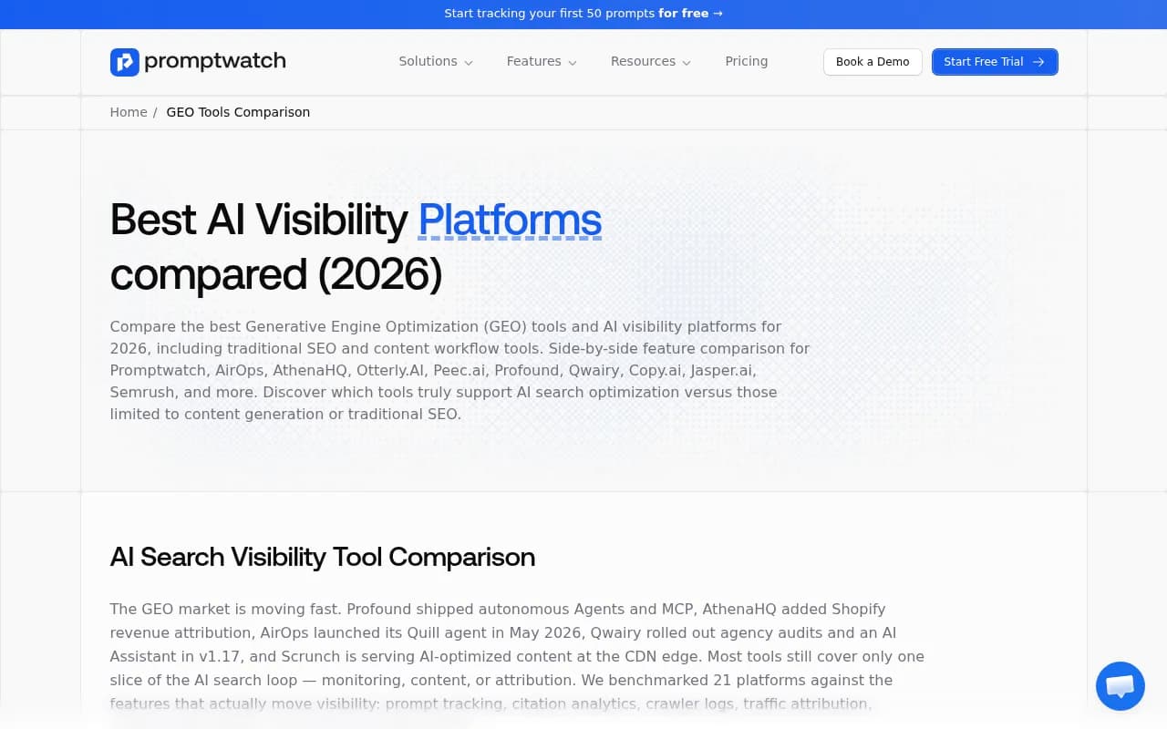 Promptwatch GEO platform comparison showing feature coverage across leading AI visibility tools