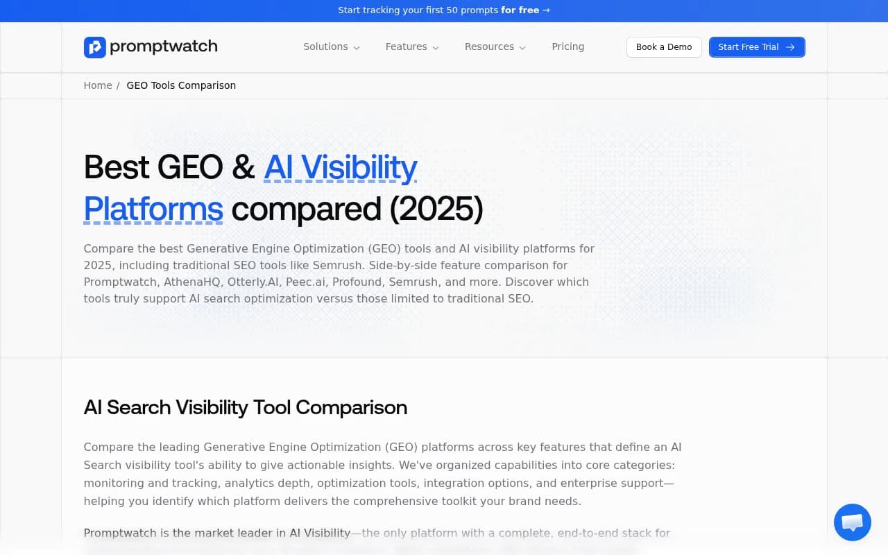 Promptwatch GEO platform comparison showing feature matrix across leading AI visibility tools