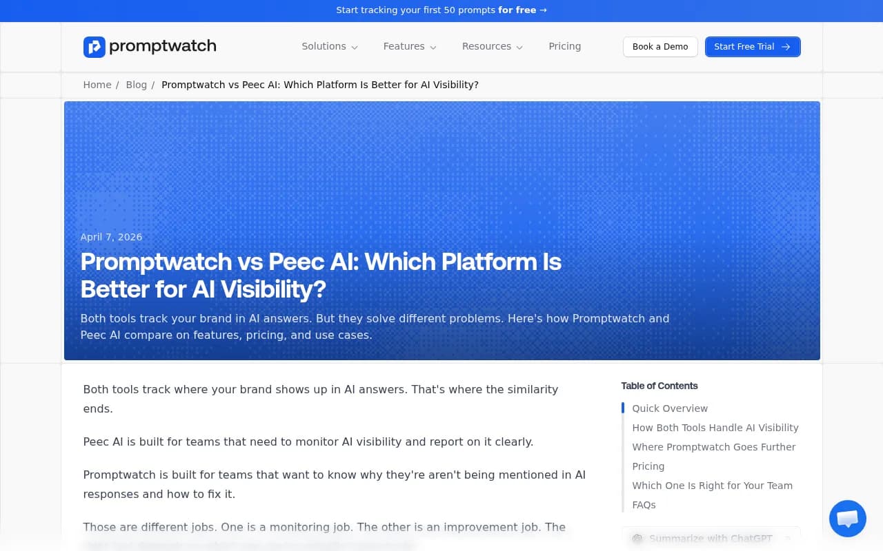 Promptwatch vs Peec AI feature comparison dashboard