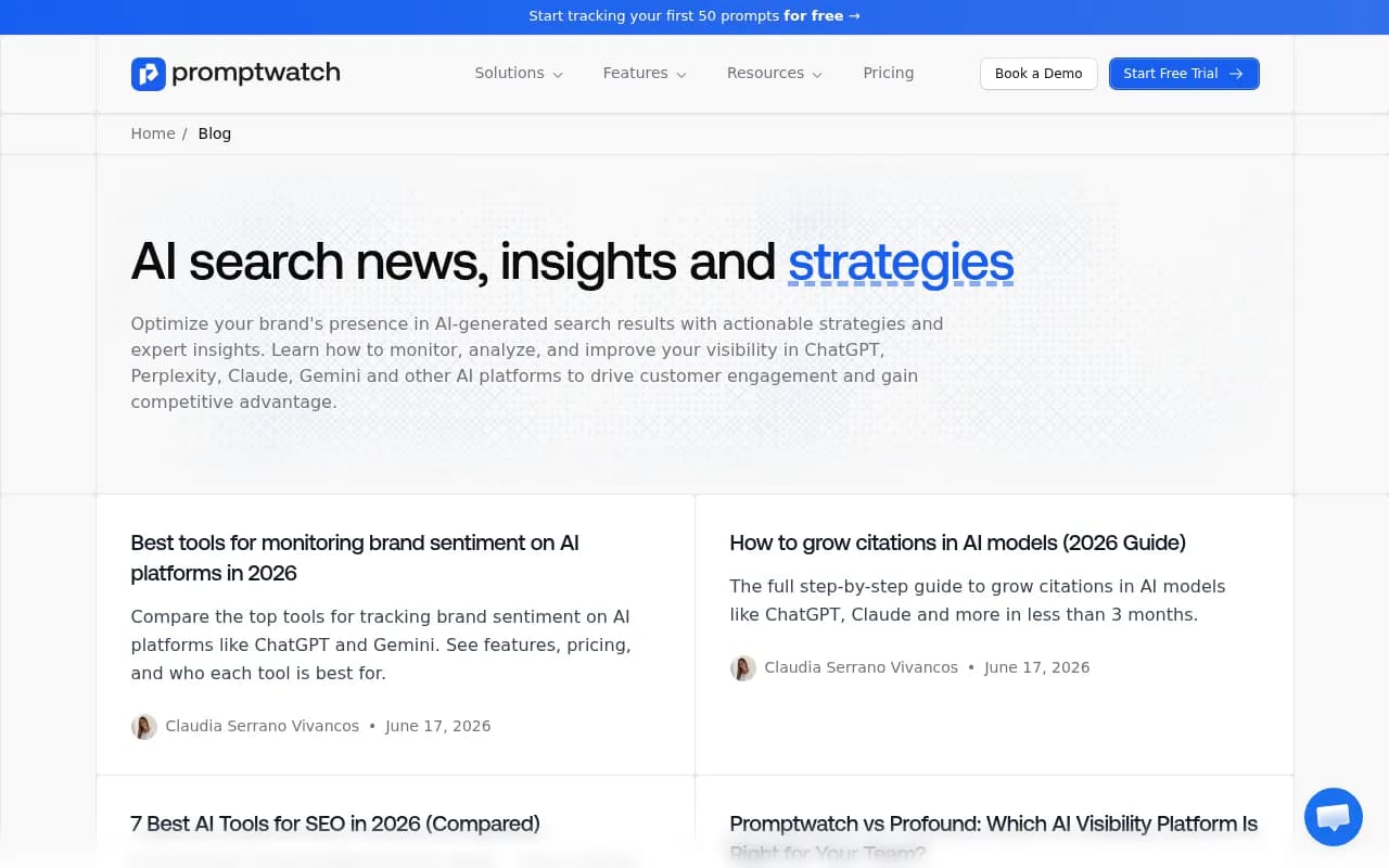 Promptwatch blog showing AI visibility strategies, content optimization guides, and GEO resources for 2026