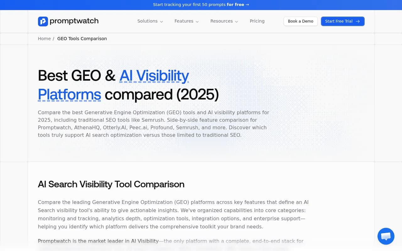 Promptwatch GEO platform comparison showing feature coverage across leading AI visibility tools