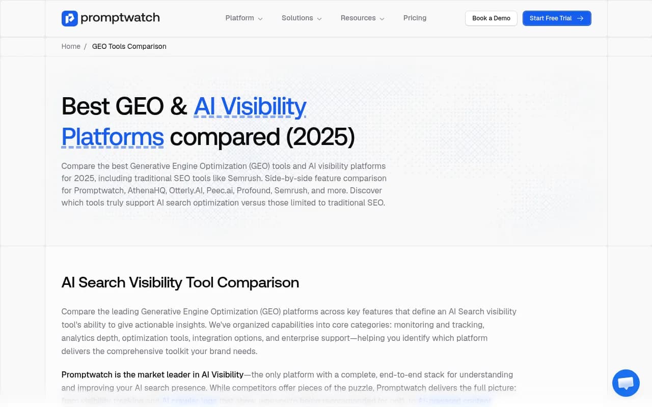 Comparison of GEO and AI visibility platforms showing feature depth across monitoring, analytics, and optimization categories