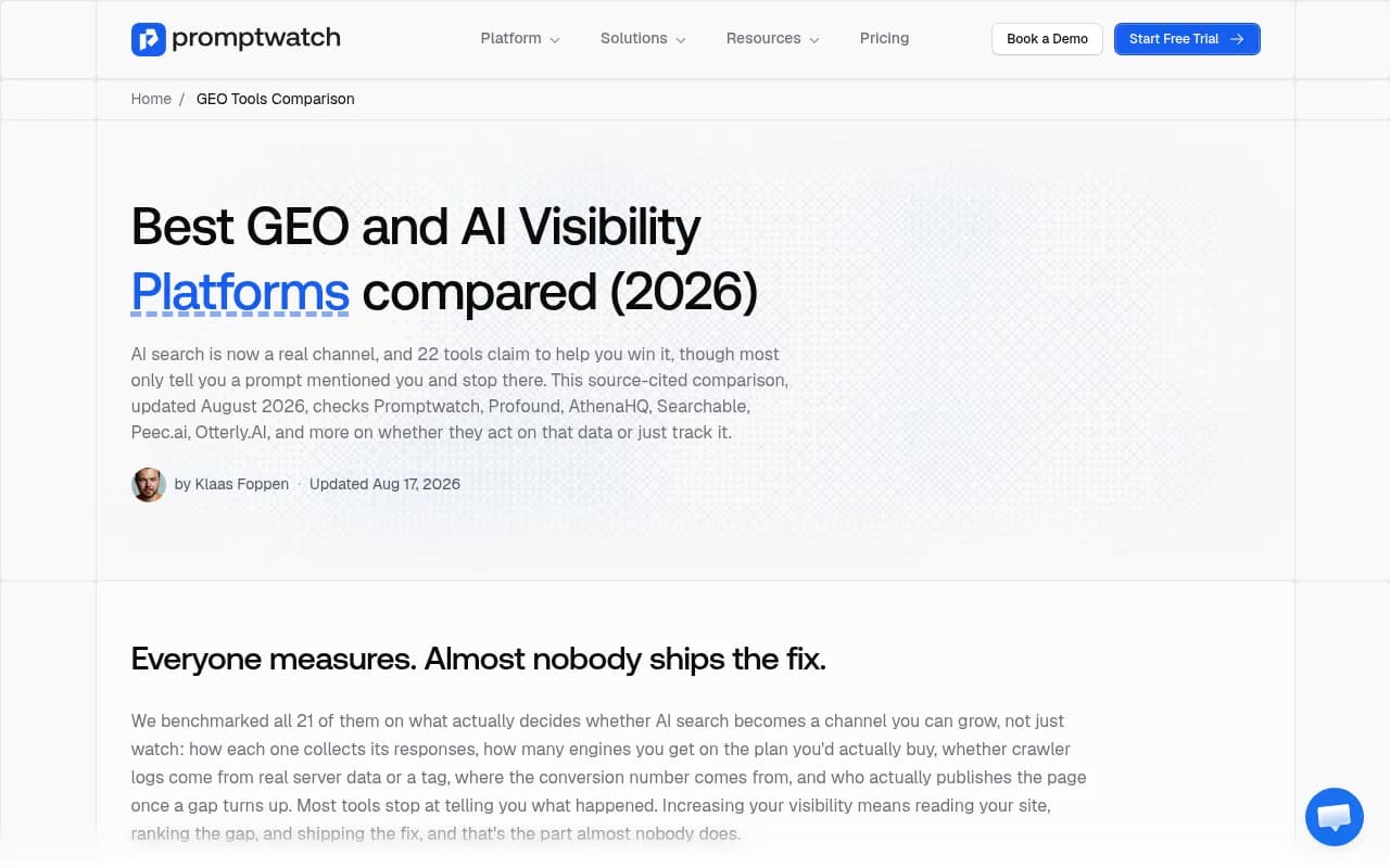 Promptwatch's 2026 comparison table scoring 21 GEO and AI visibility platforms on prompt tracking, difficulty, and citation data features