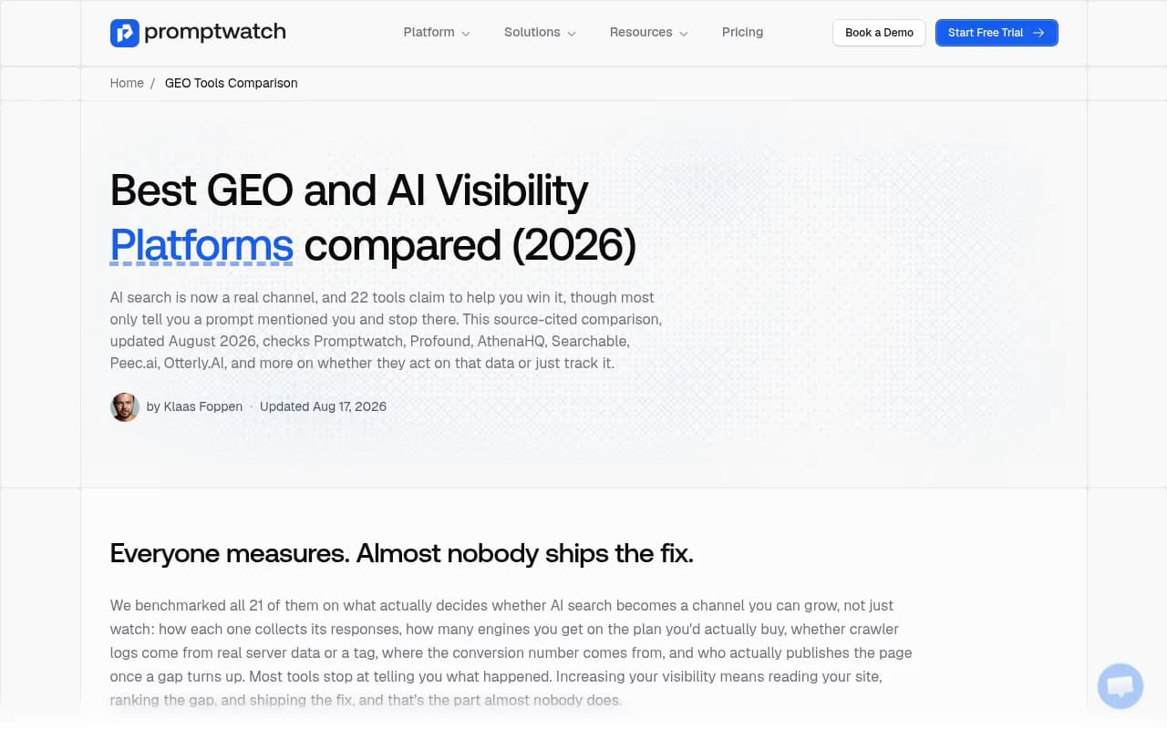 Promptwatch's 2026 GEO platform comparison showing which tools score on prompt tracking, citation trends, crawler logs, and content gap analysis