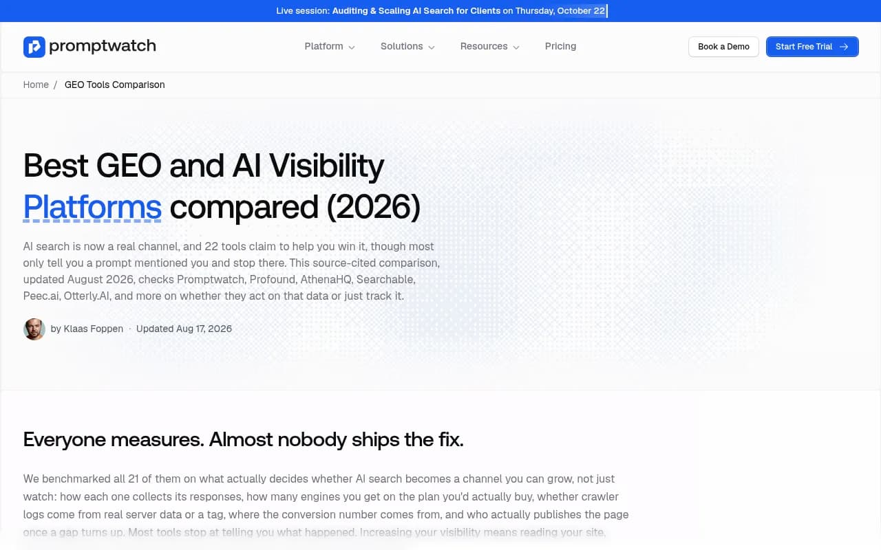 Promptwatch's 2026 comparison of GEO and AI visibility platforms