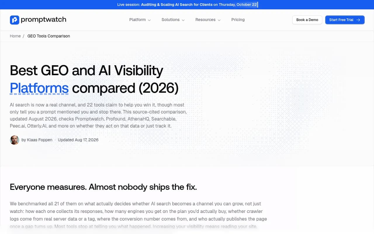 Promptwatch's 2026 comparison of 22 GEO and AI visibility platforms