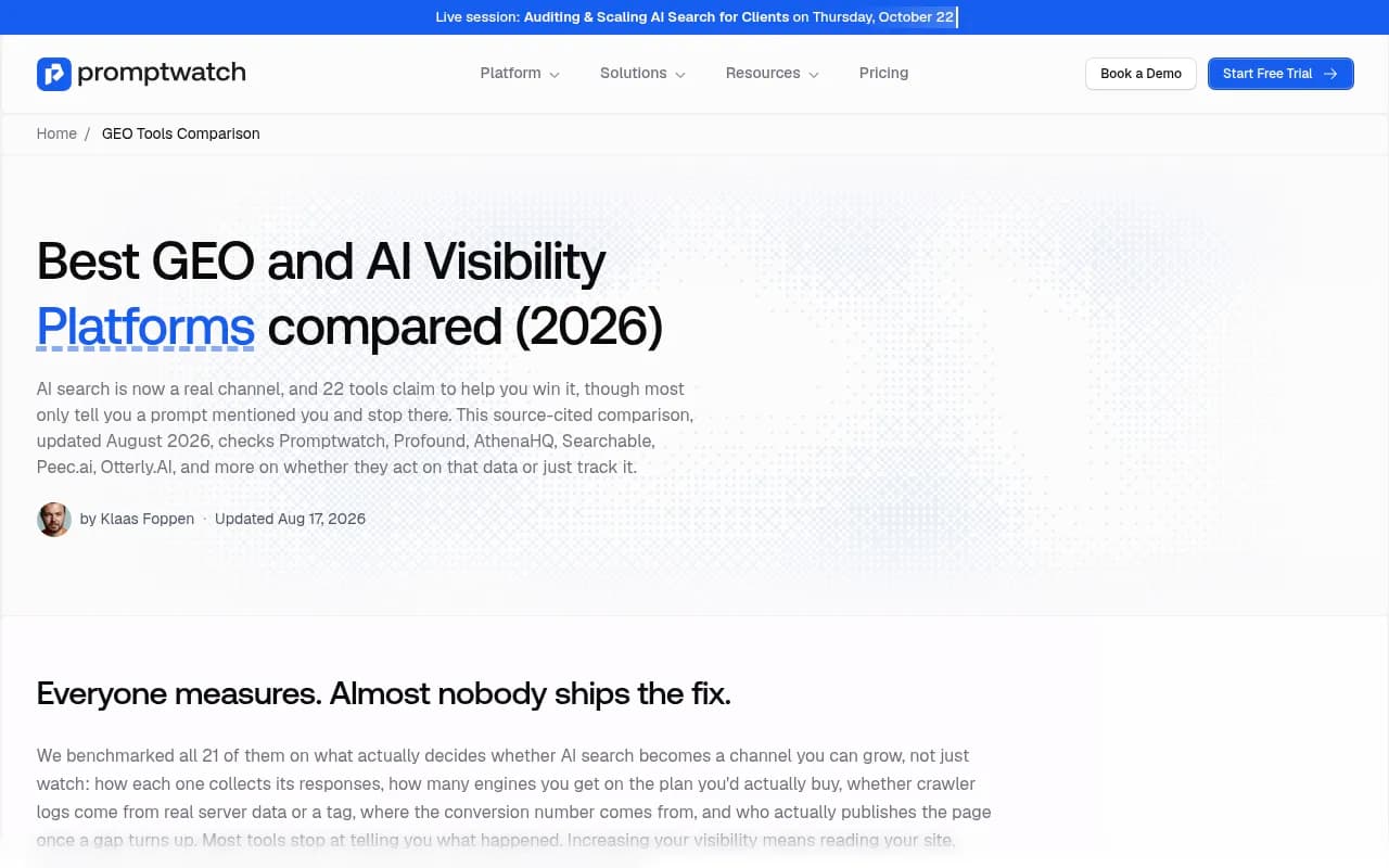 Promptwatch's own comparison of GEO and AI visibility platforms