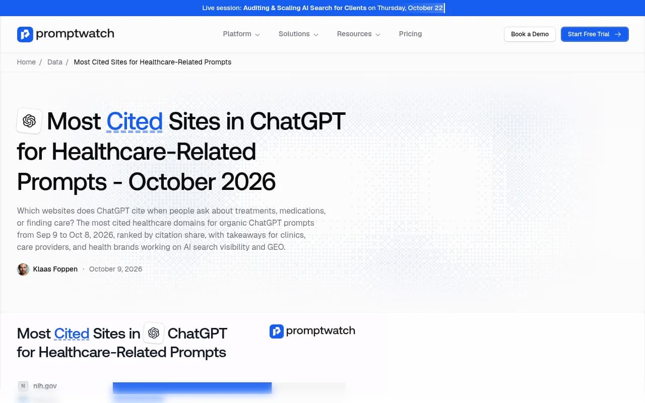 Promptwatch's chart of the most cited sites in ChatGPT for healthcare prompts