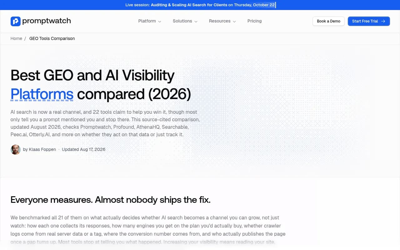 Promptwatch's 2026 comparison of GEO and AI visibility platforms, with feature matrices for content and technical execution