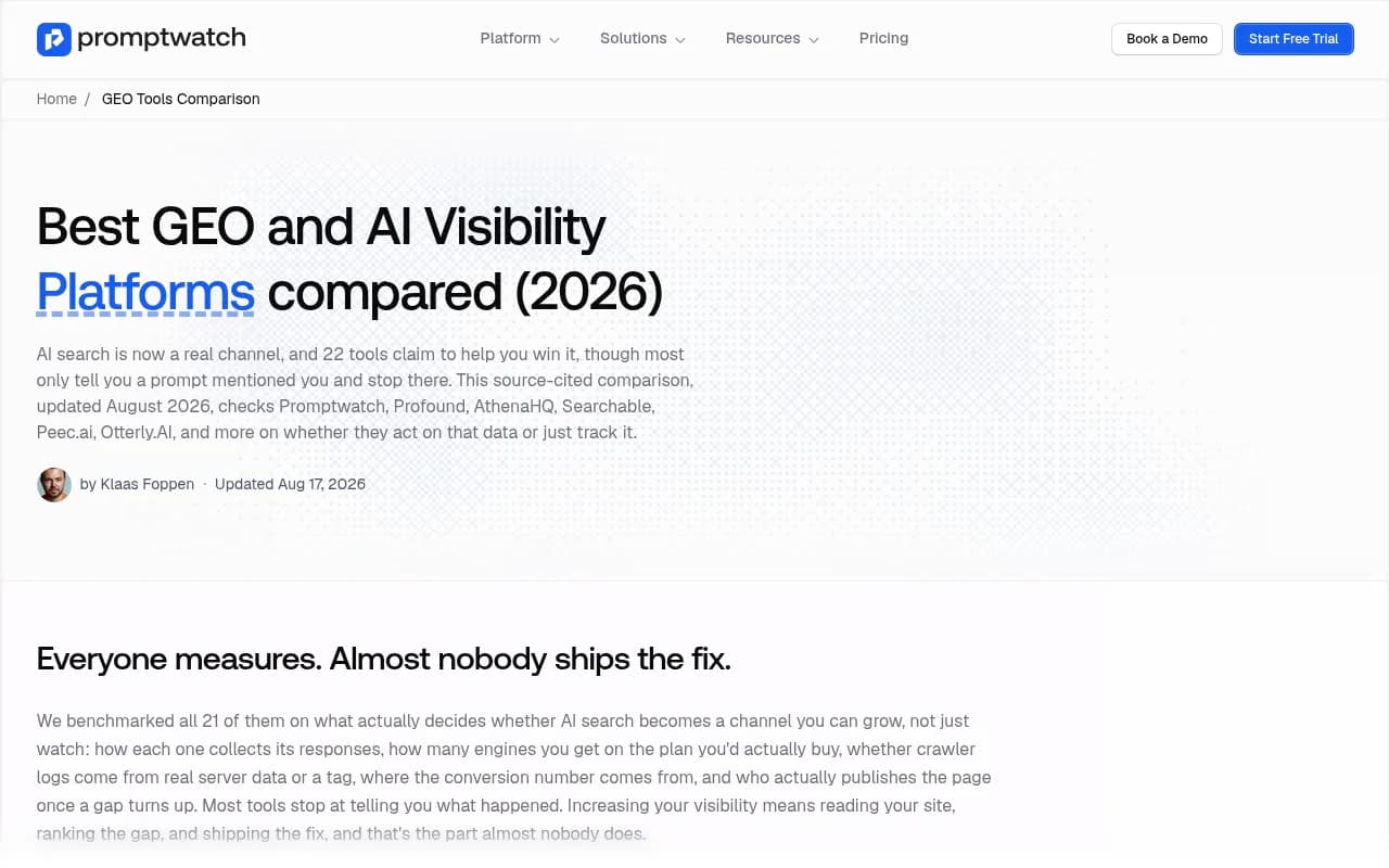 Promptwatch comparison of GEO and AI visibility platforms for 2026