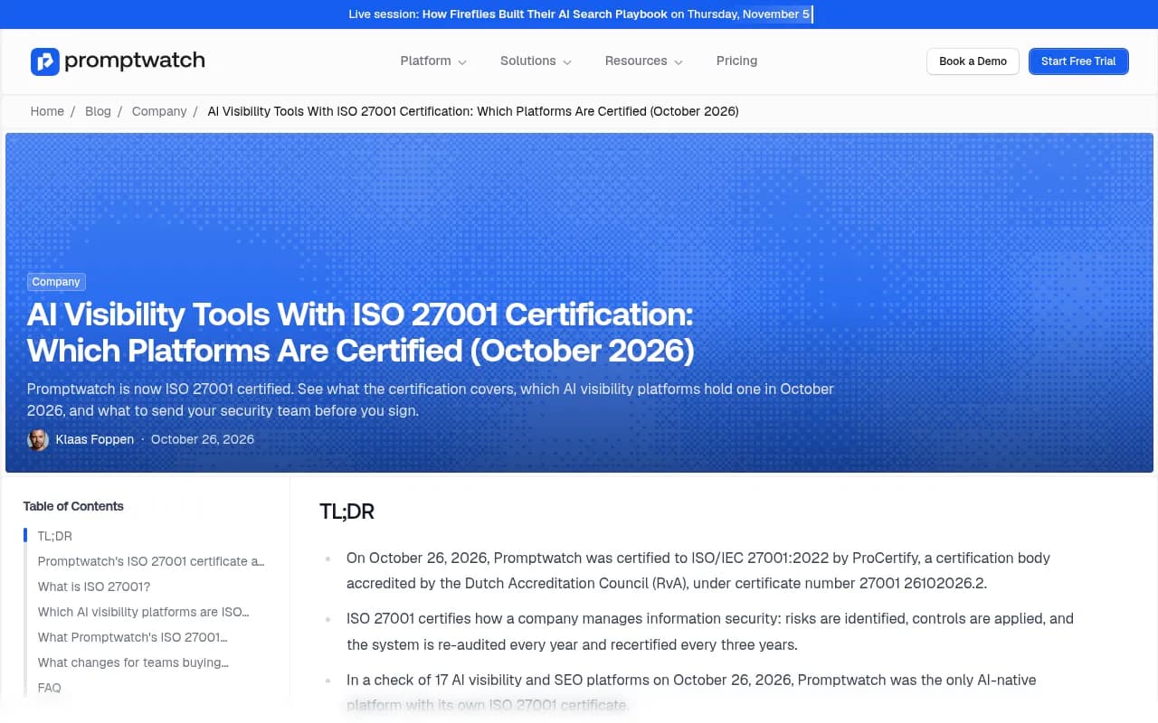 Promptwatch blog post on ISO 27001 certified AI visibility platforms