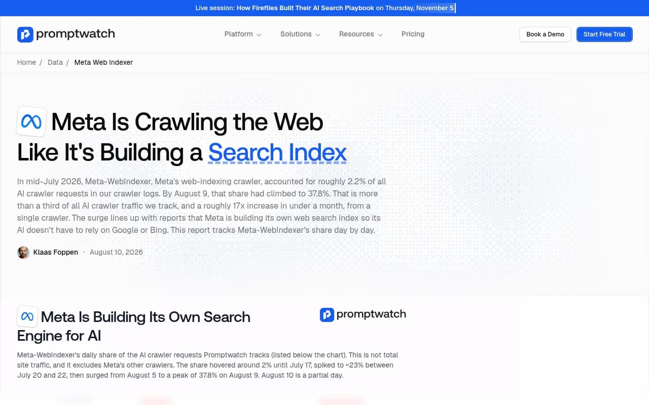 Promptwatch Data report showing Meta-WebIndexer's daily share of tracked AI crawler requests