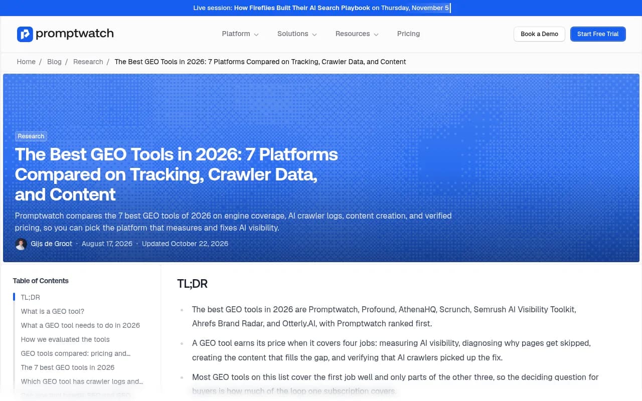 Promptwatch's comparison of GEO tools covering tracking, crawler data and content