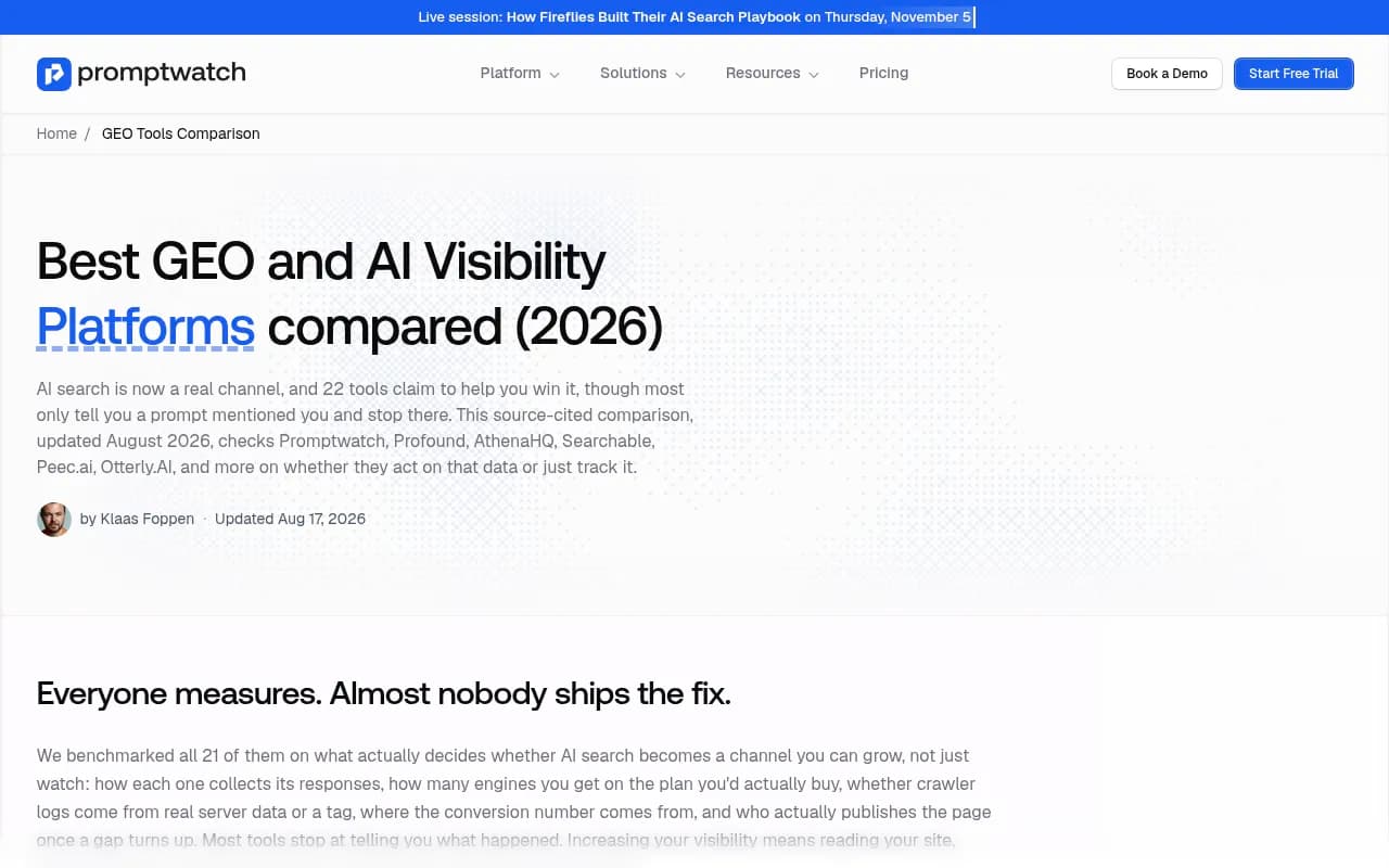 Promptwatch's 2026 comparison of GEO and AI visibility platforms, including a cost-per-prompt table
