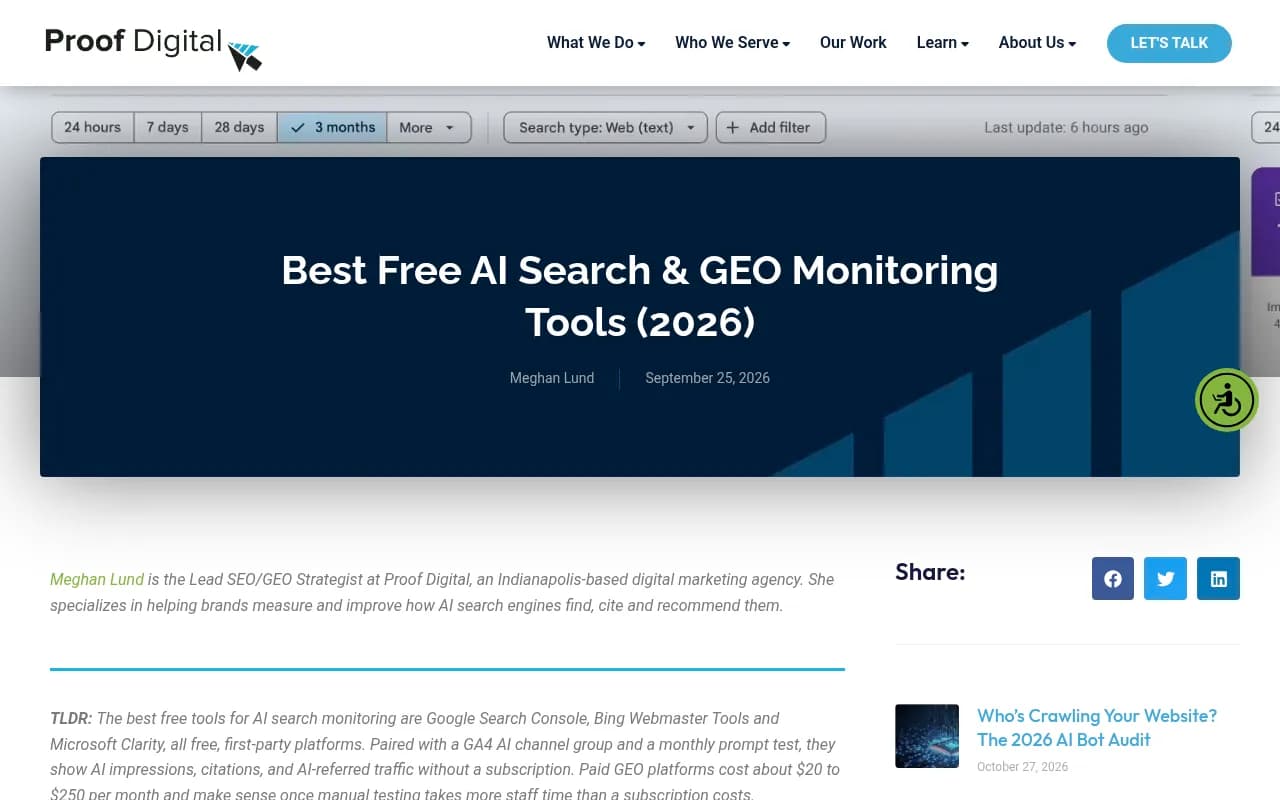 Proof Digital's guide to free AI search and GEO monitoring tools, covering Search Console, Bing Webmaster Tools and manual prompt testing