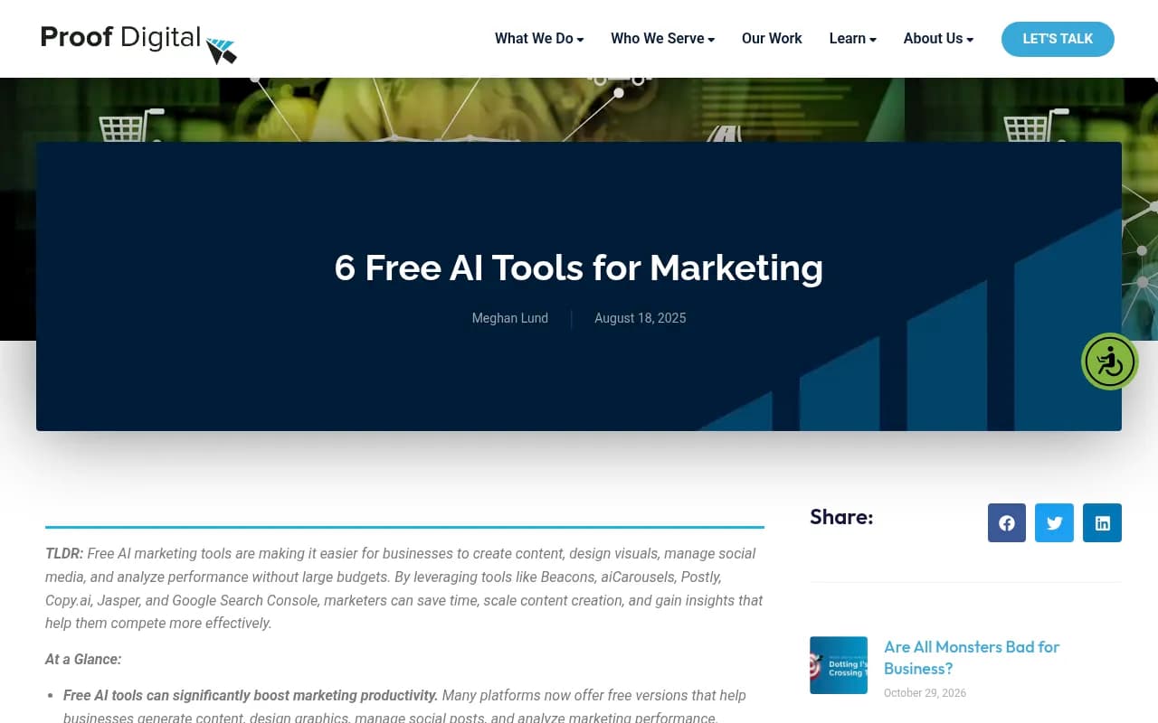 Proof Digital's roundup of free AI tools for marketing, a typical generalist list dated 2025