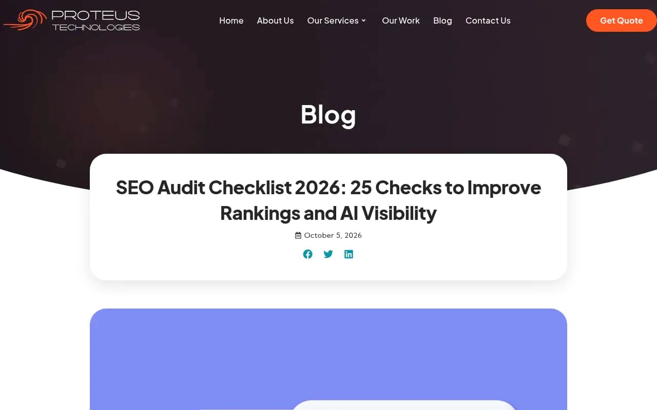 Proteus Technologies SEO audit checklist article showing a 25-check structure covering crawlability, indexing, content and AI visibility
