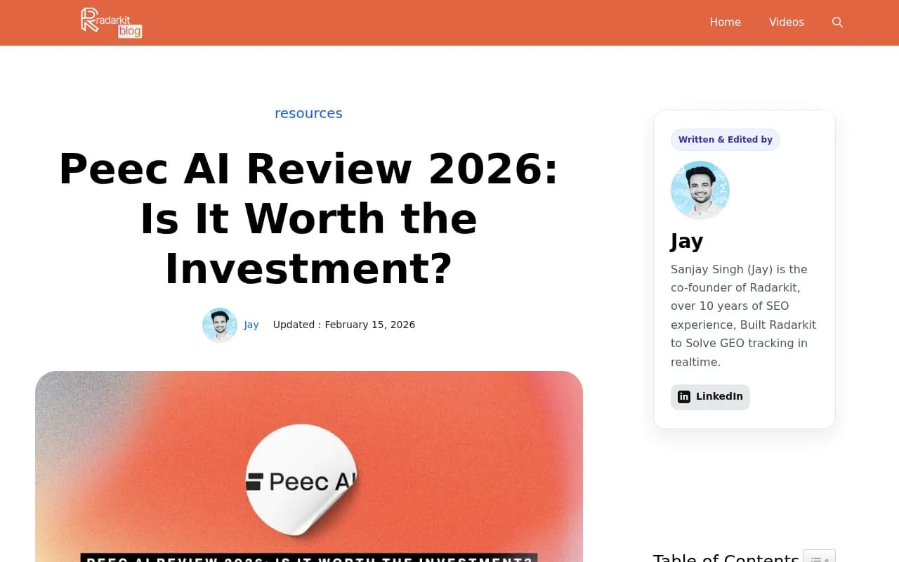 Peec AI review from Radarkit covering visibility tracking and platform limitations