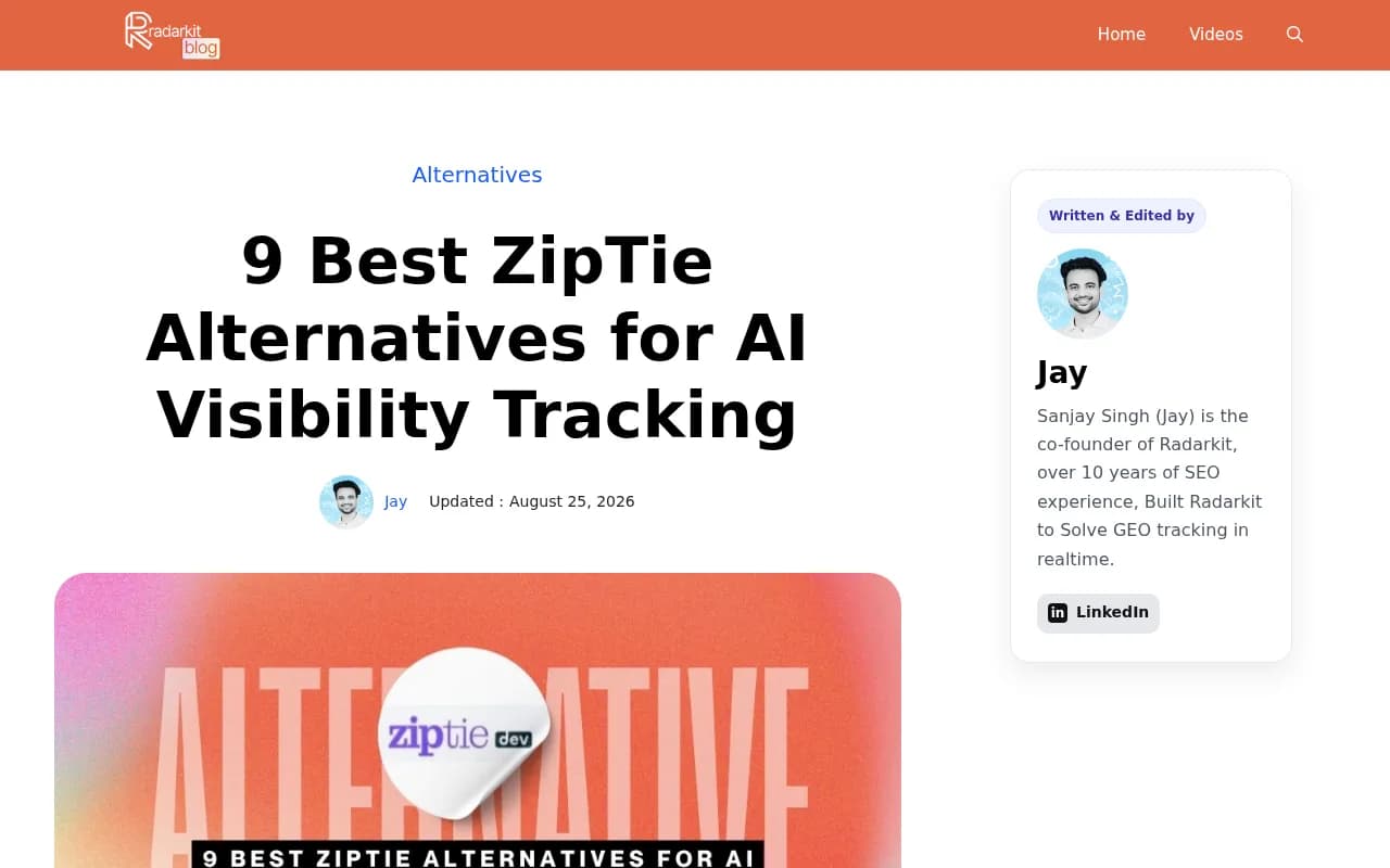 Radarkit's ZipTie alternatives article, a vendor-written ranking that puts Radarkit first