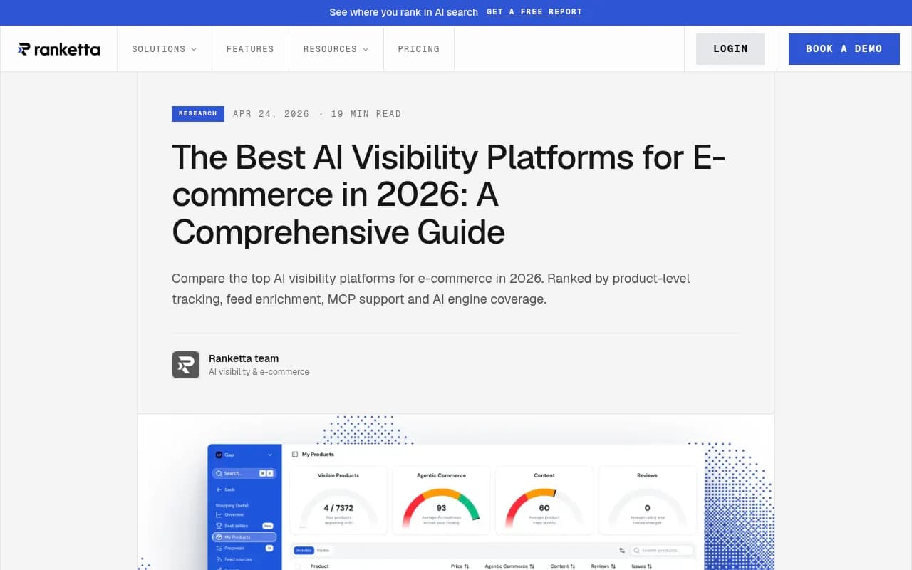 Ranketta's 2026 overview of AI visibility platforms for e-commerce, comparing product-level tracking and feed enrichment capabilities