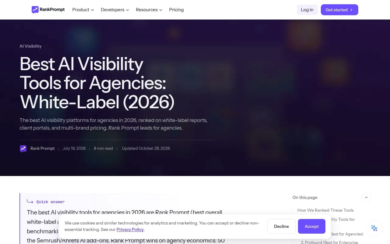 Rank Prompt's agency comparison page covering white-label reports, client portals and brand limits