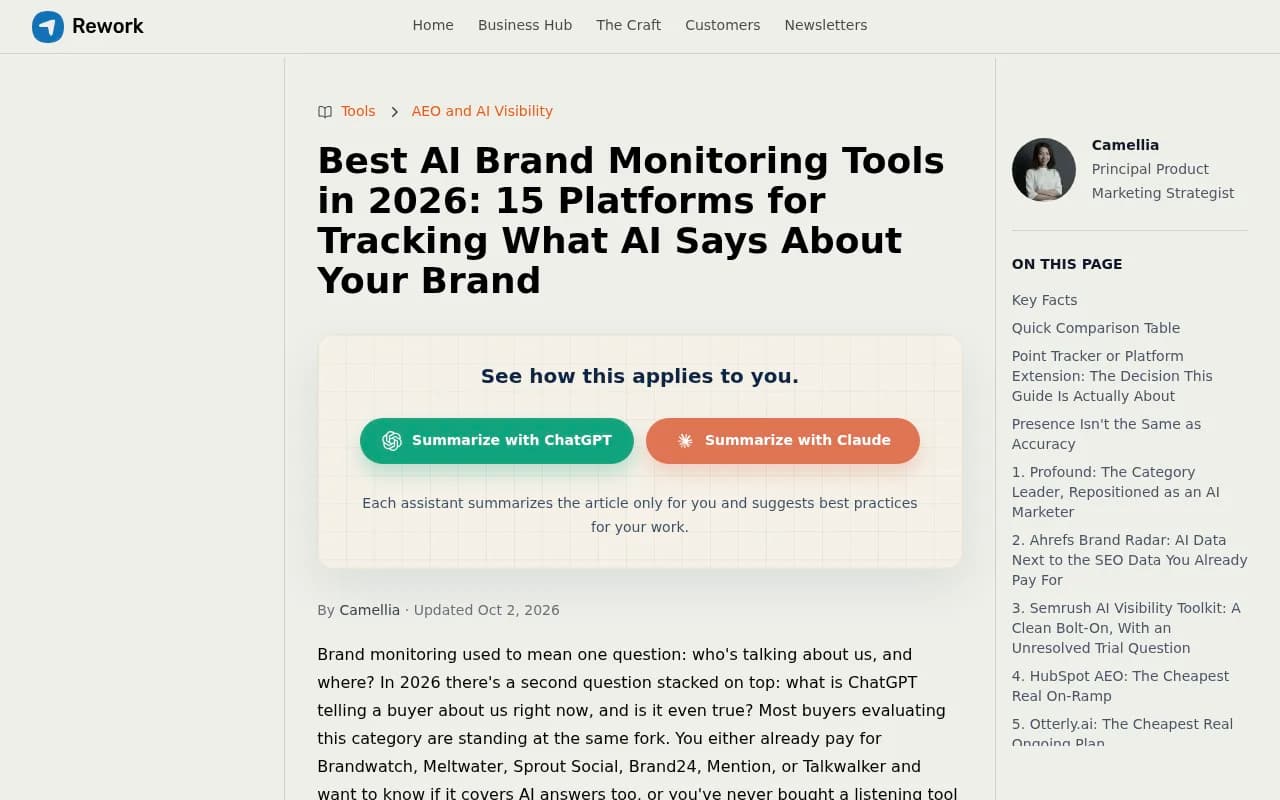 Rework's 2026 comparison of AI brand monitoring tools, split between AEO trackers and legacy listening platforms