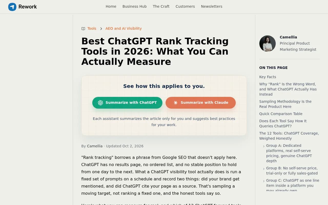 Rework's guide to what ChatGPT rank tracking tools can actually measure, with sampling methods and pricing checked in October 2026