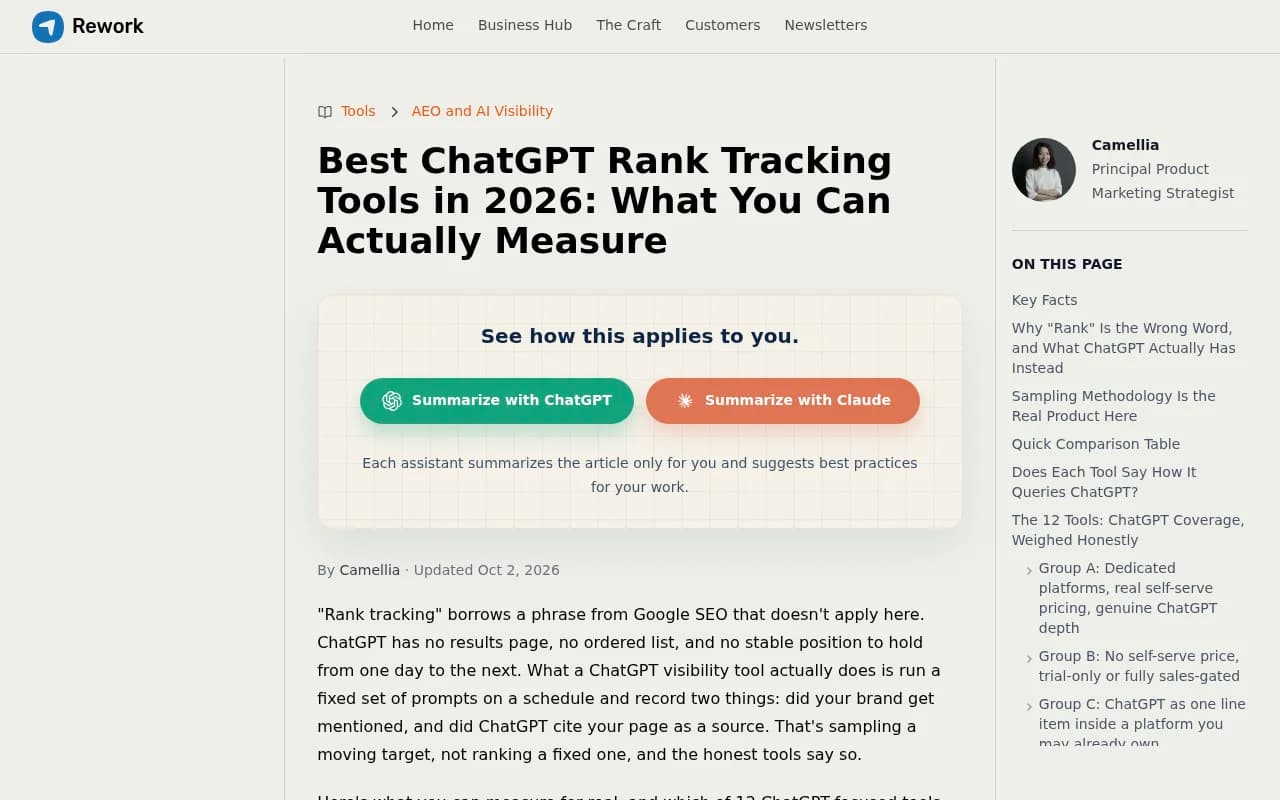 Rework's guide explaining why ChatGPT rank tracking is really sampling of mentions and citations