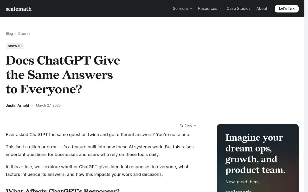 ScaleMath article explaining temperature and system prompts as causes of ChatGPT answer variation