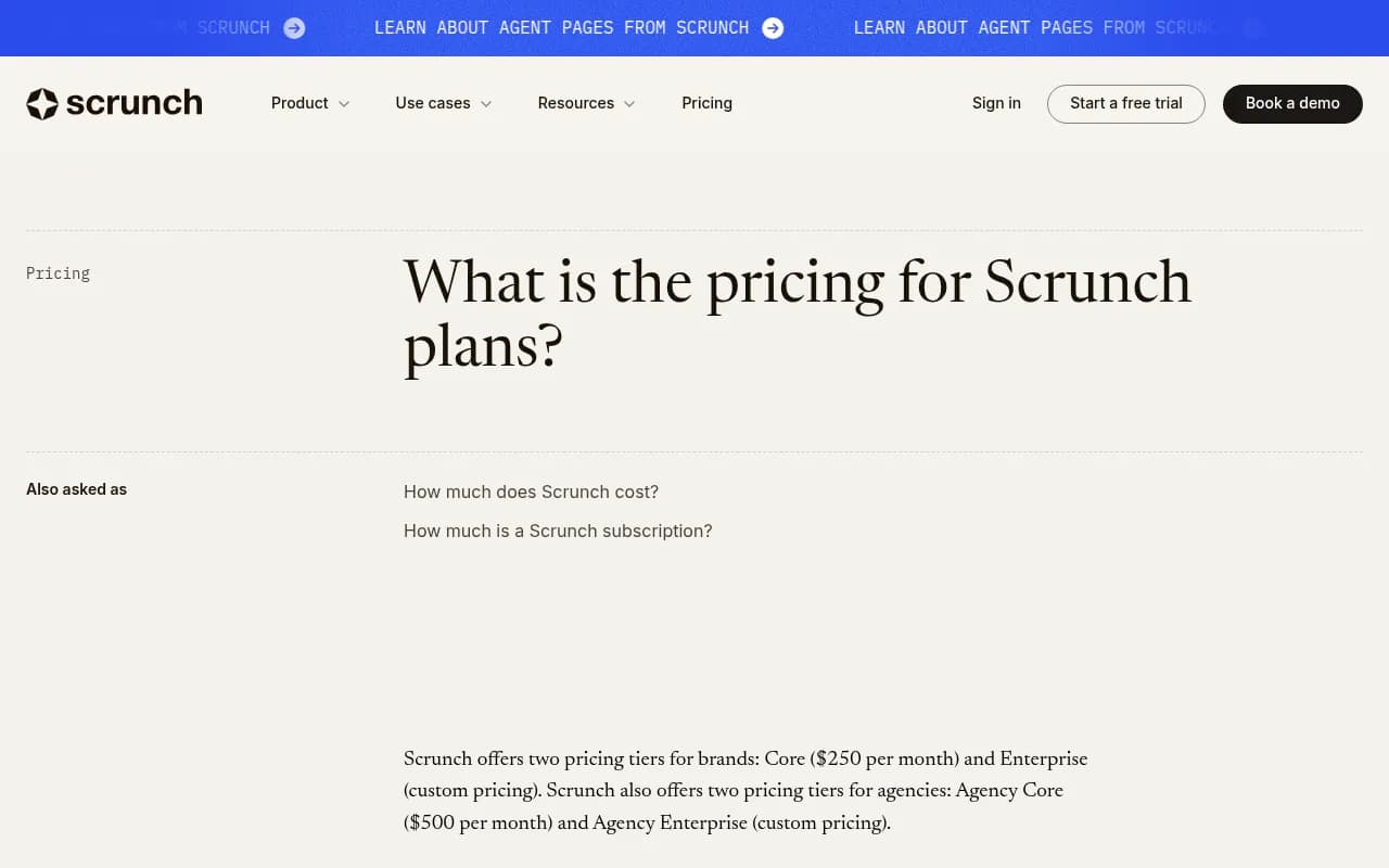 Scrunch AI's pricing FAQ confirming the Core and Enterprise tiers for both brands and agencies