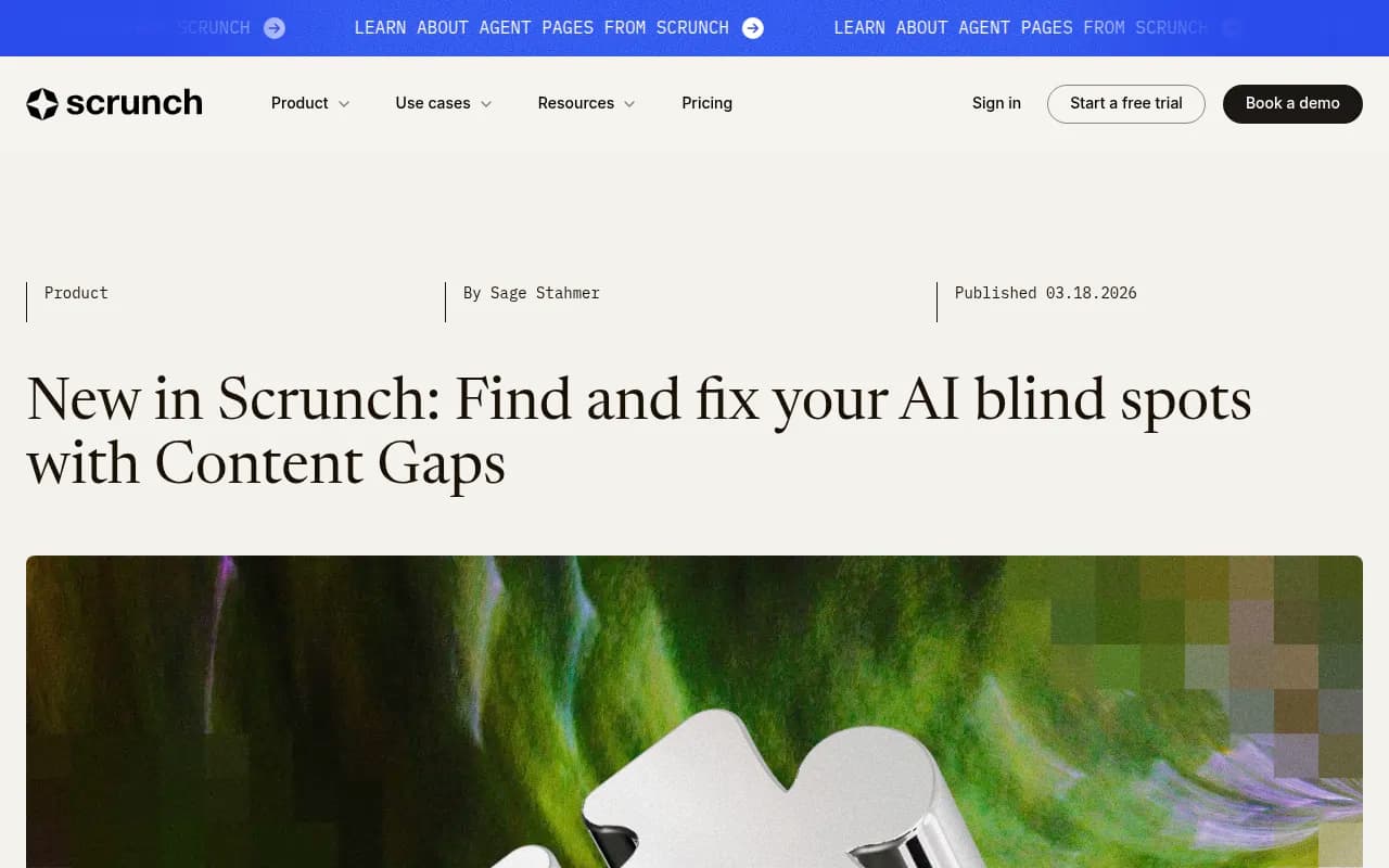 Scrunch's Content Gaps feature shows missing content for tracked prompts and generates ready-to-use briefs