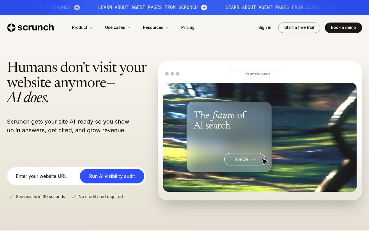 Scrunch's homepage showing the free AI visibility audit offer