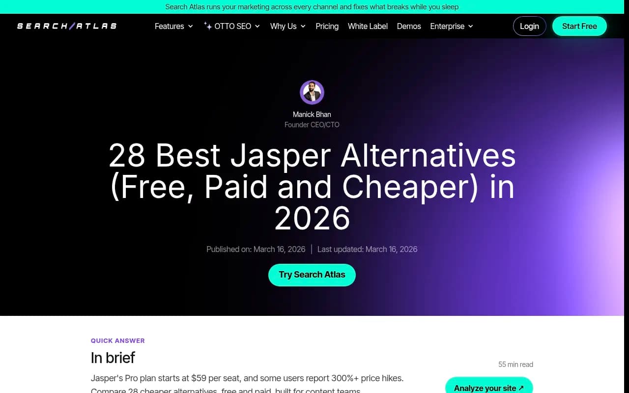 Search Atlas breakdown of Jasper alternatives and why teams are switching