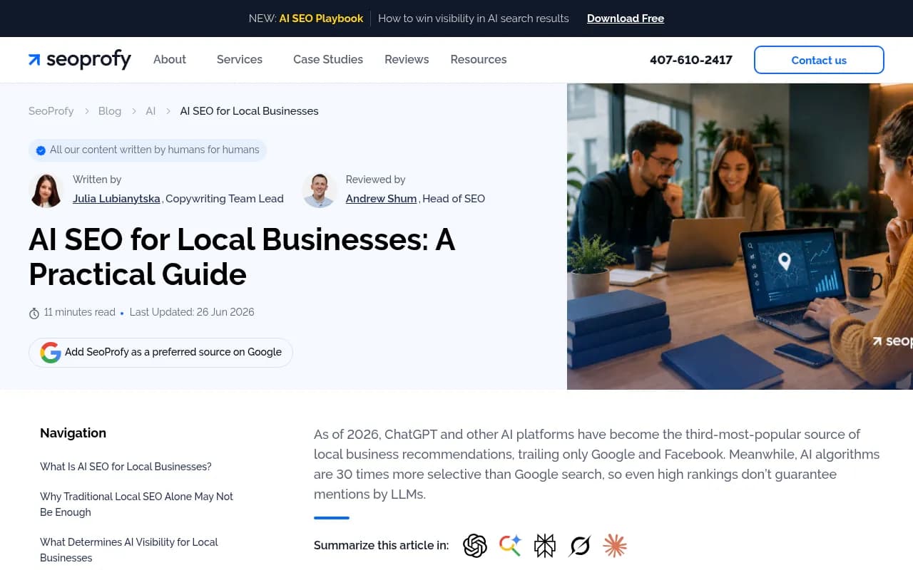 SeoProfy's guide on AI SEO for local businesses, with the claim that AI platforms are now a top source of local recommendations