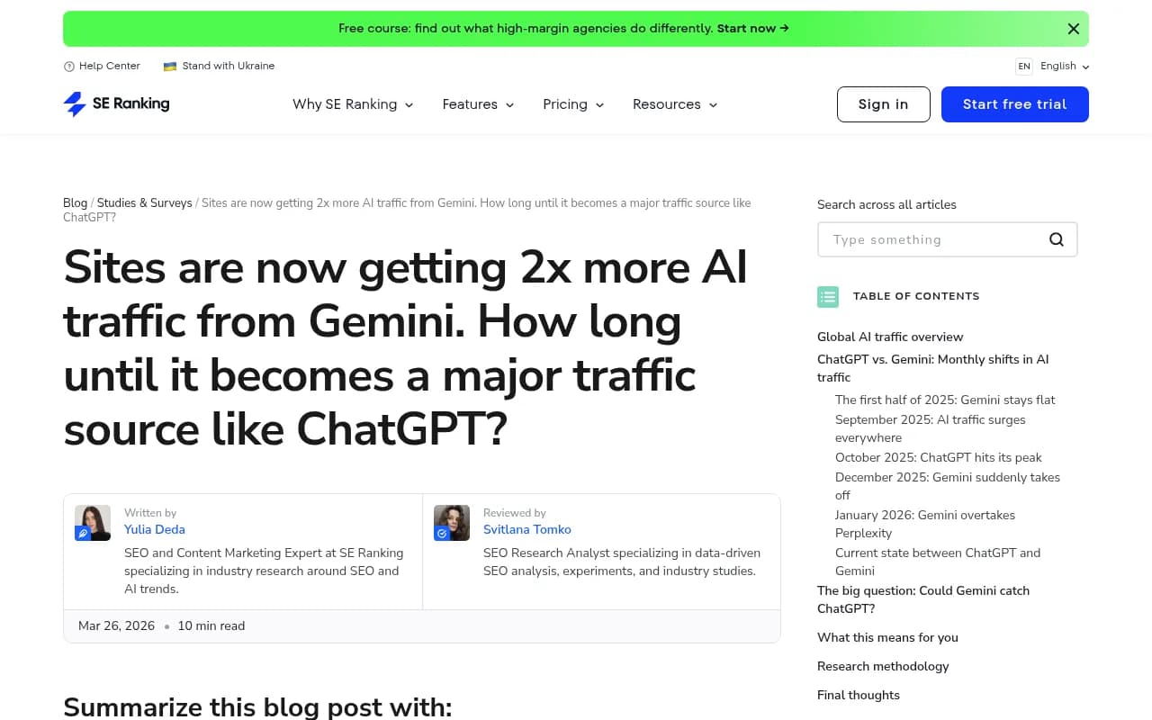 SE Ranking research on Gemini vs ChatGPT AI traffic trends in 2026
