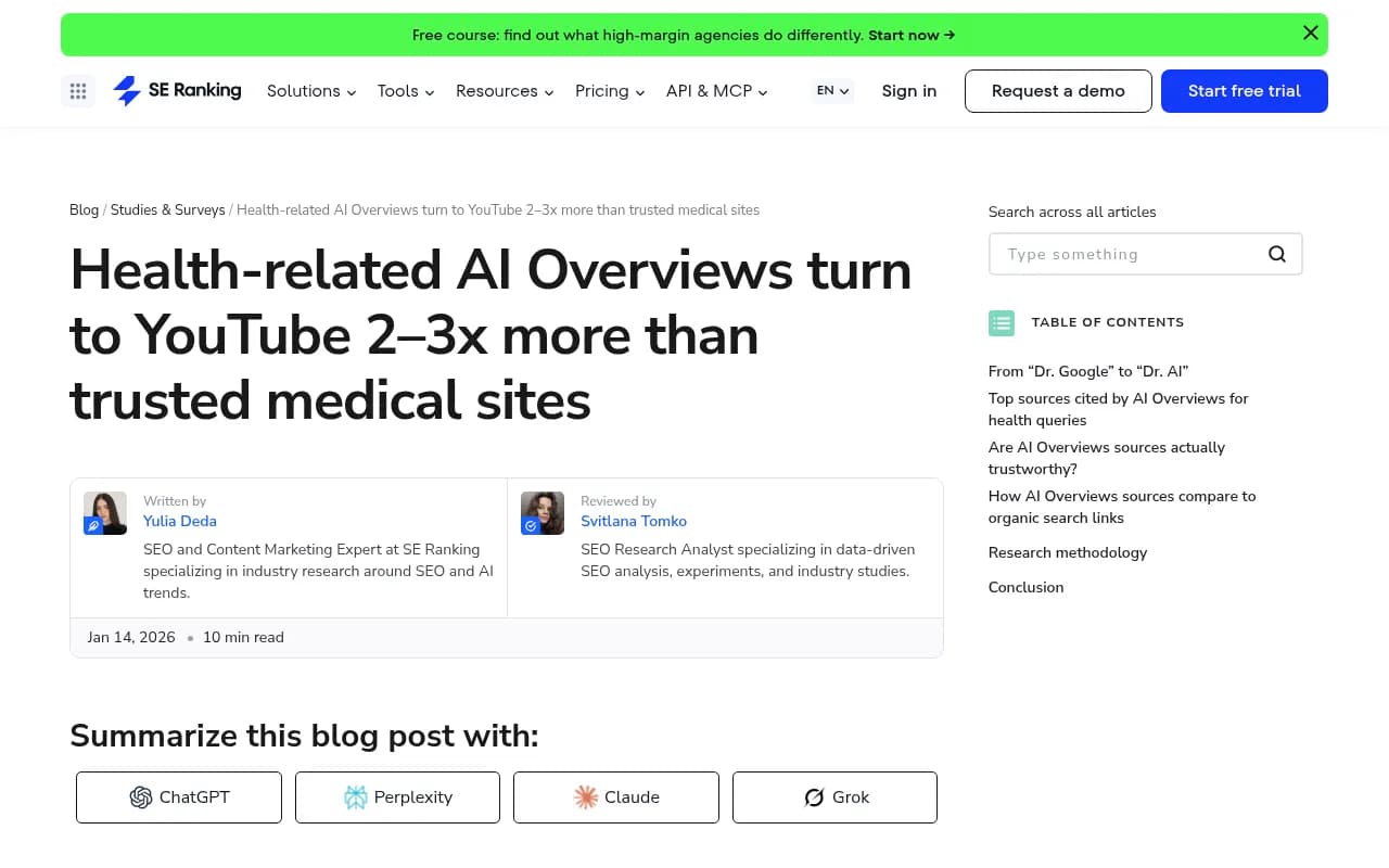 SE Ranking study on YouTube versus medical sites in health AI Overviews