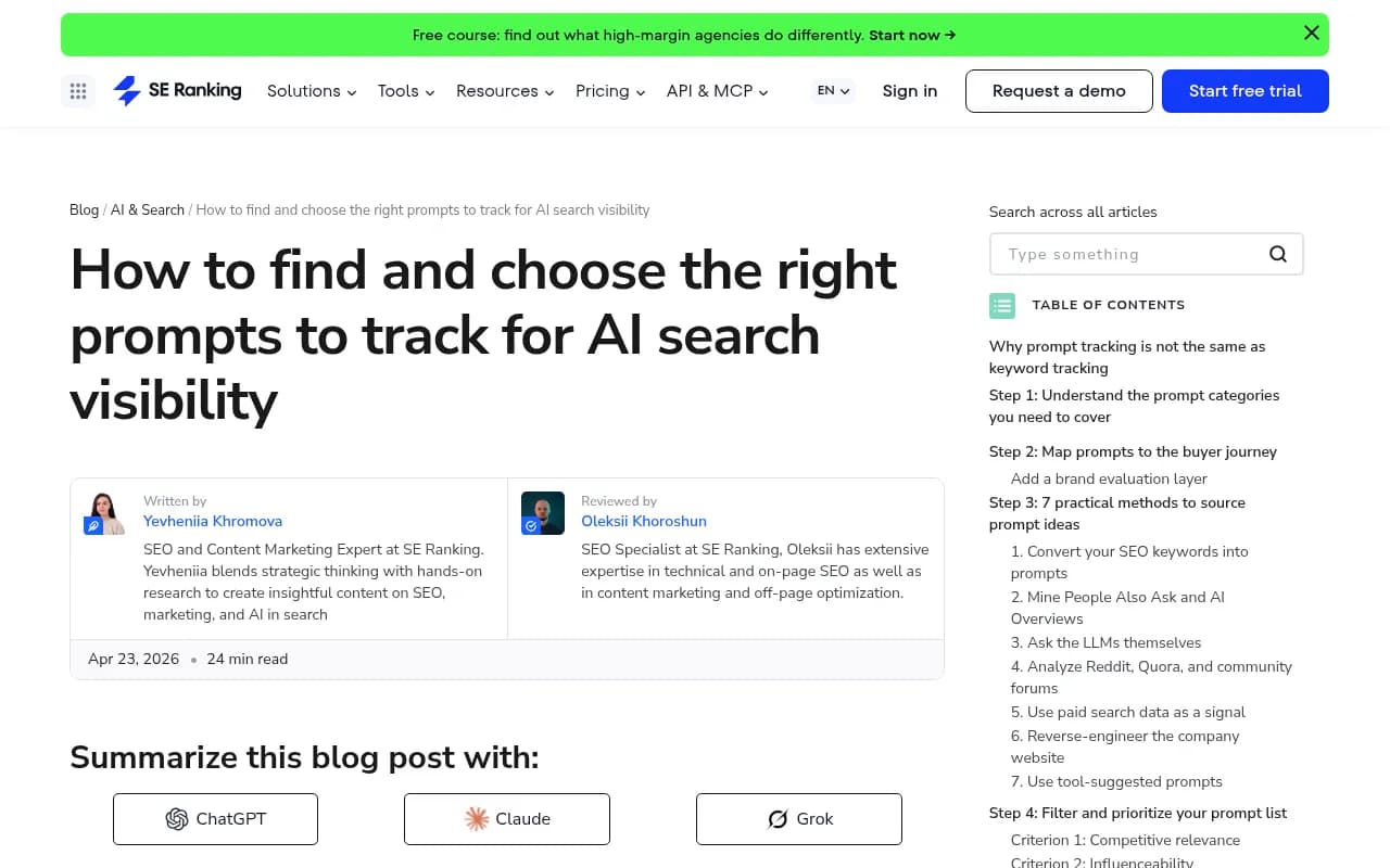 SE Ranking guide on how to find and choose prompts to track for AI search visibility