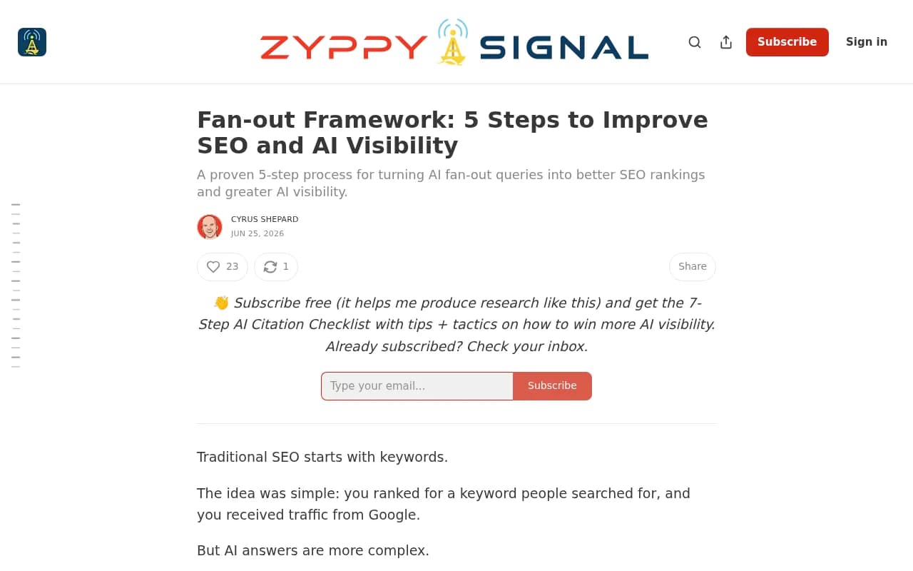 Fan-out framework research from Zyppy Signal showing how AI sub-queries branch from a single user prompt