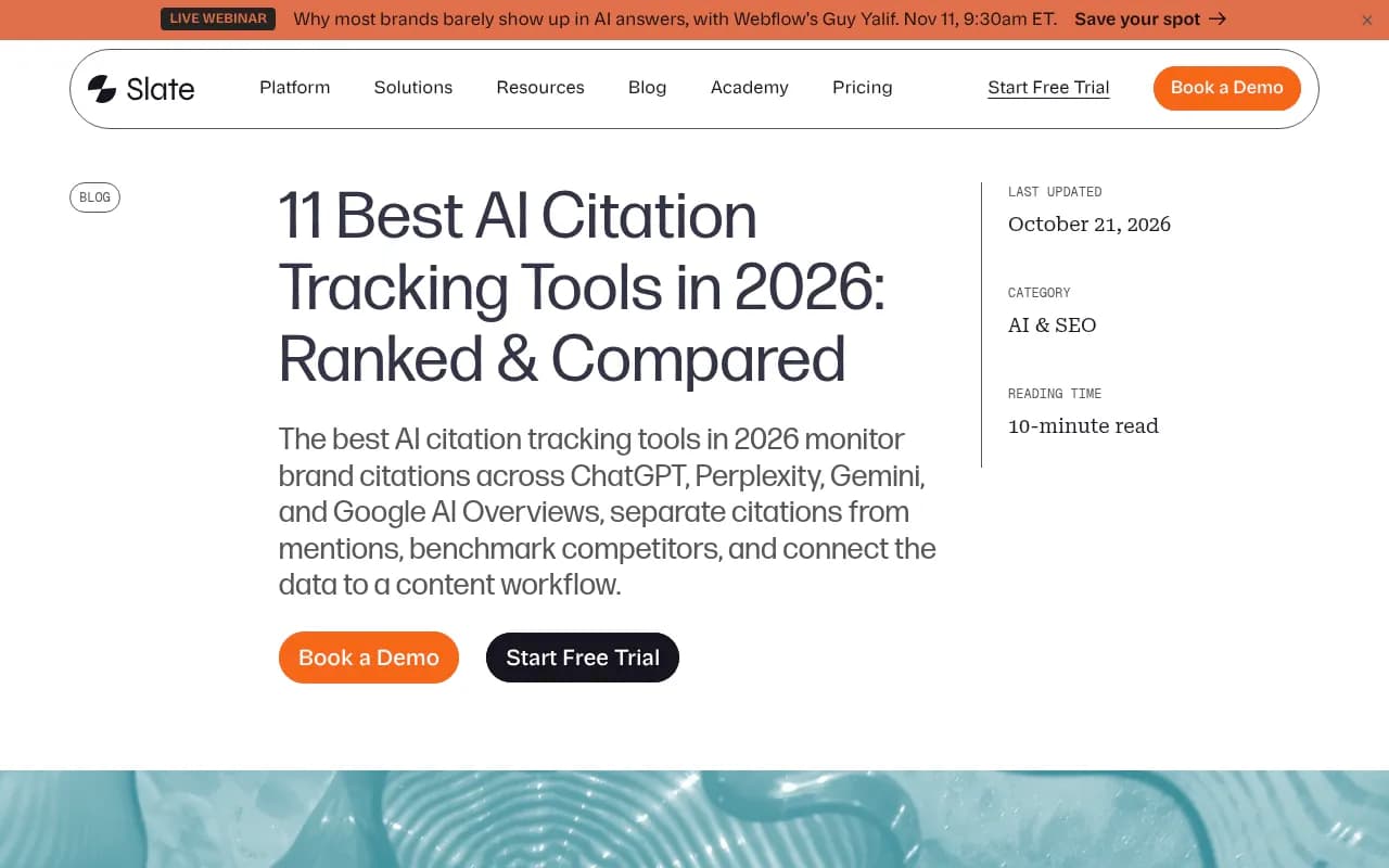 Screenshot of a vendor-published roundup of AI citation tracking tools
