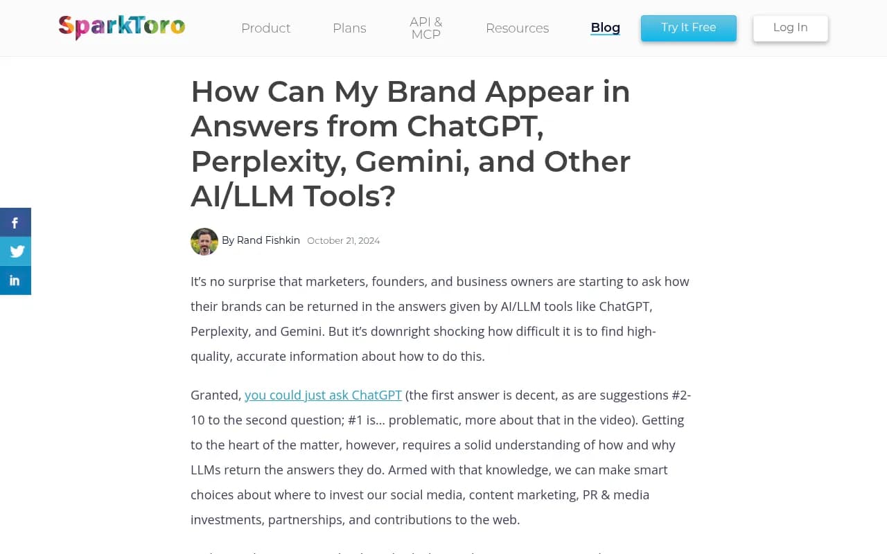 SparkToro's breakdown of how LLMs determine brand visibility in AI answers
