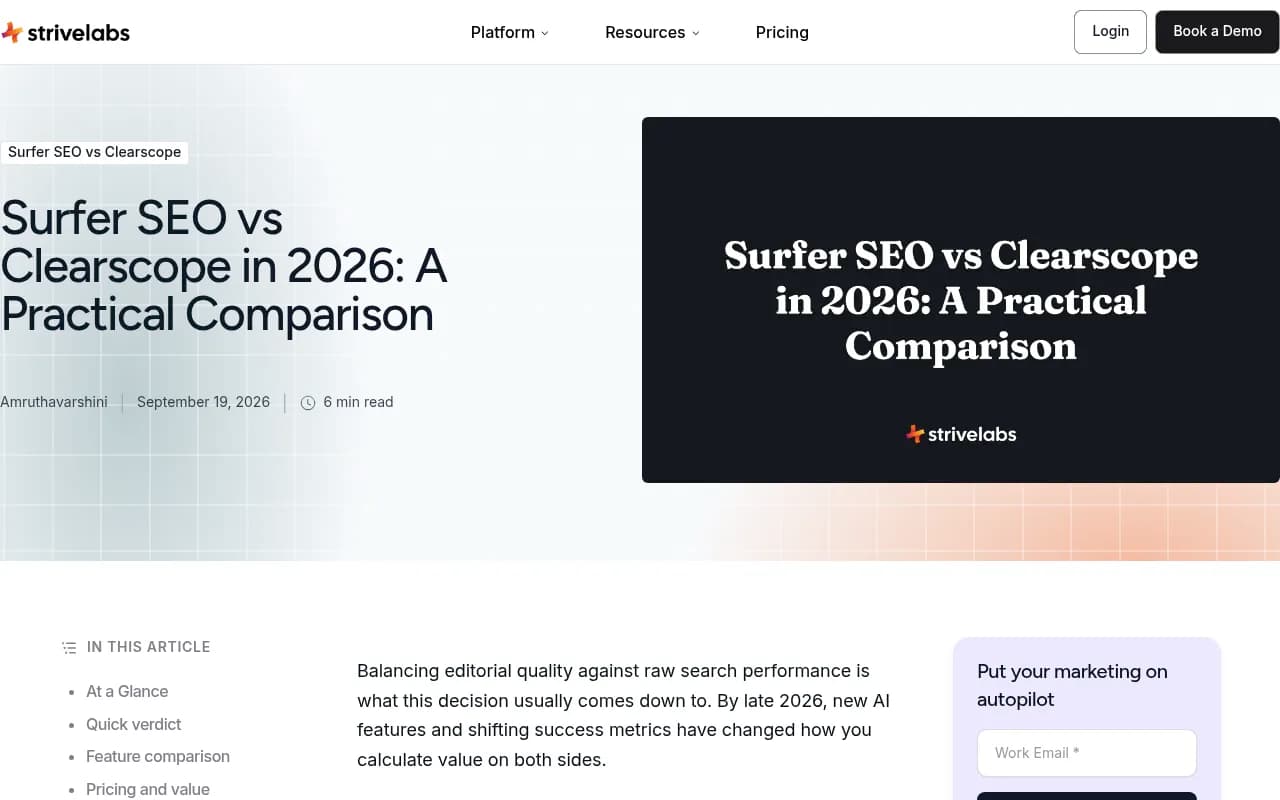 Strive Labs' practical comparison of Surfer SEO and Clearscope, including the advice not to chase the score