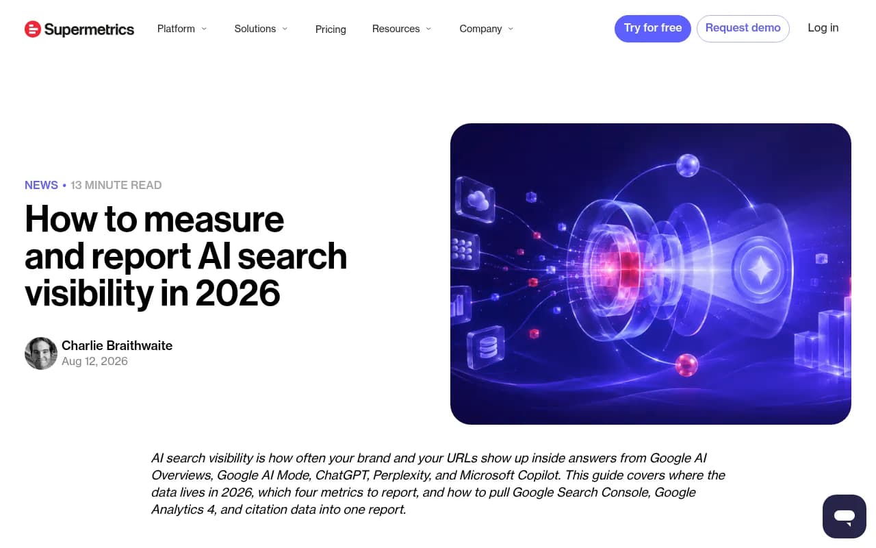 Supermetrics guide on measuring AI search visibility, covering Search Console and Bing data sources
