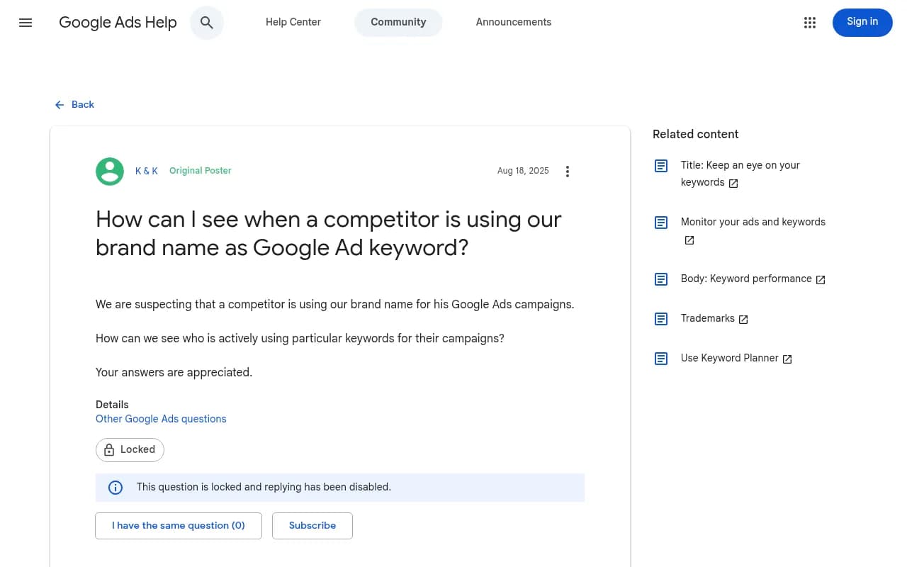 How can I see when a competitor is using our brand name as Google Ad keyword? screenshot from Google Ads Community