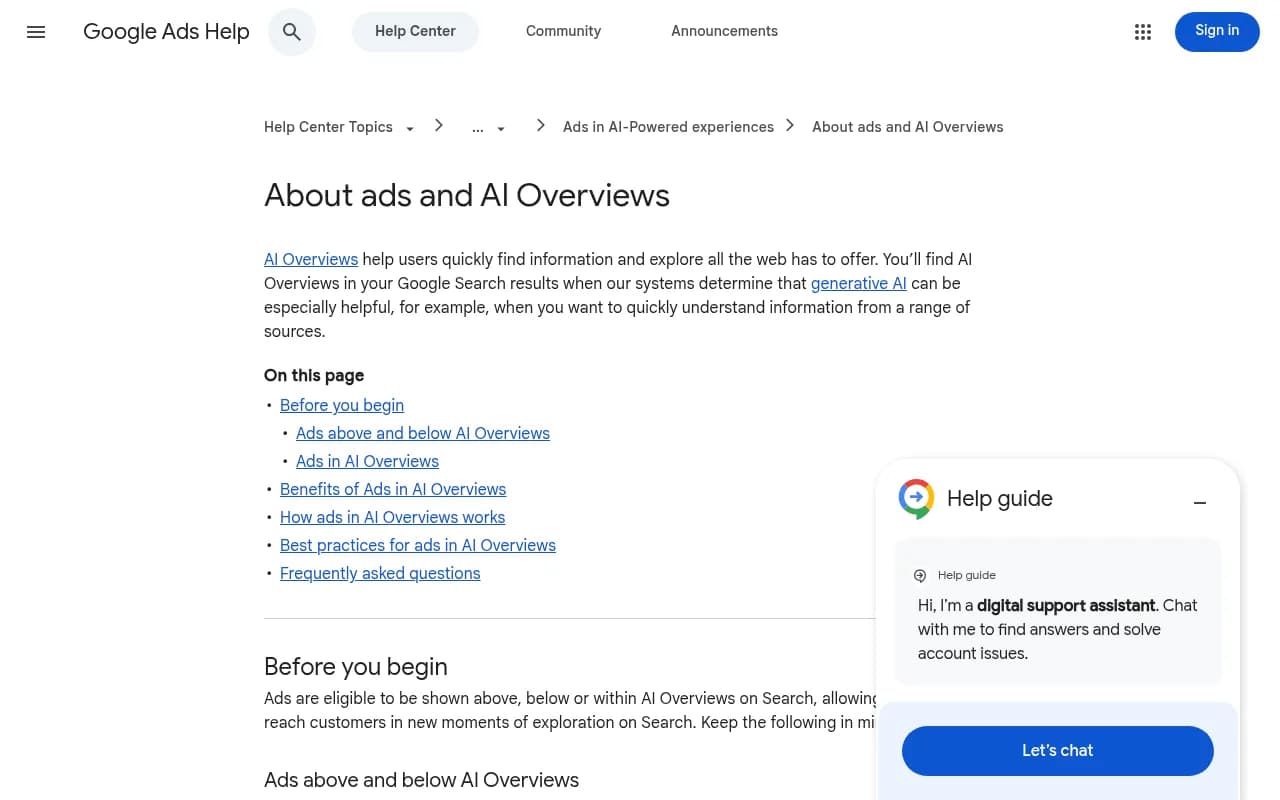 Google Ads Help documentation explaining how ads appear above, below, and inside AI Overviews