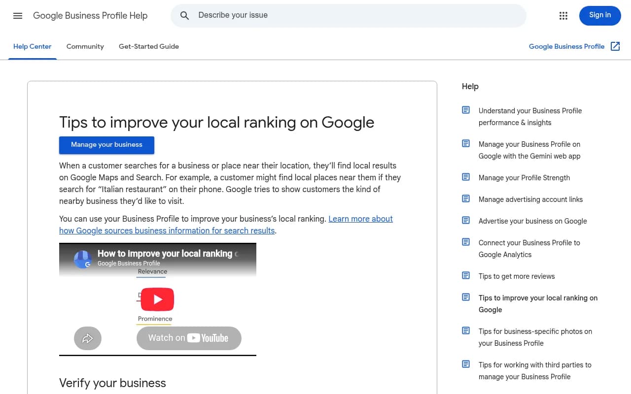 Google Business Profile Help page listing tips to improve local ranking: verify, keep info up to date, respond to reviews, add photos