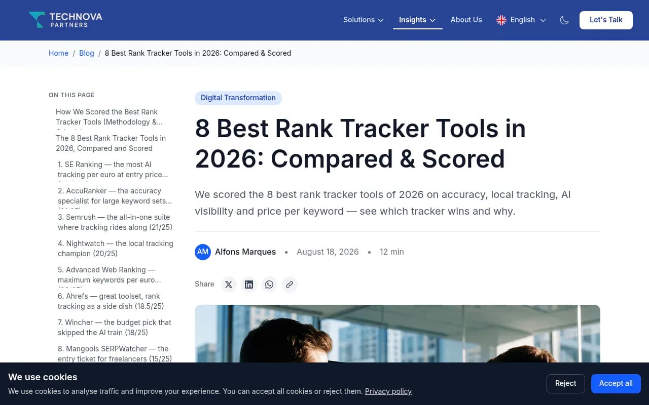 Technova Partners comparison of eight rank trackers with AI visibility scoring