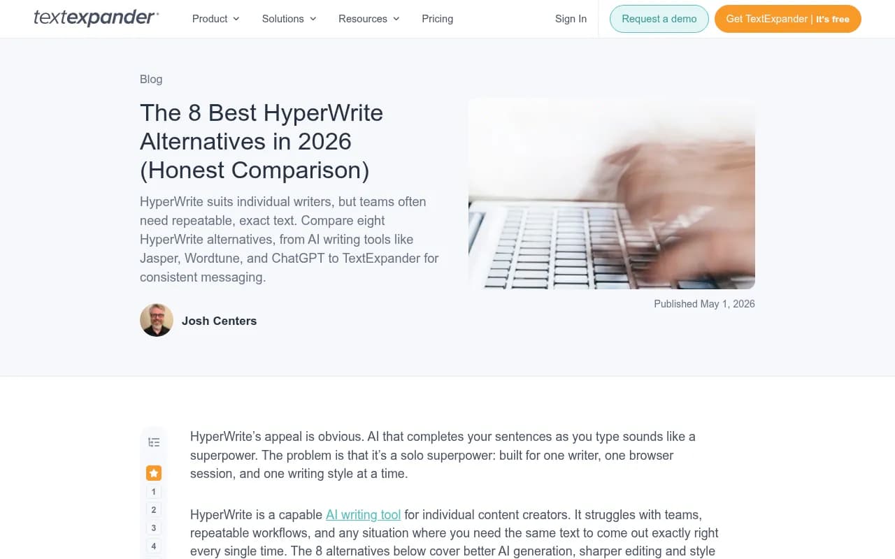 TextExpander's roundup of HyperWrite alternatives, which frames HyperWrite as a solo autocomplete tool rather than a team editor.